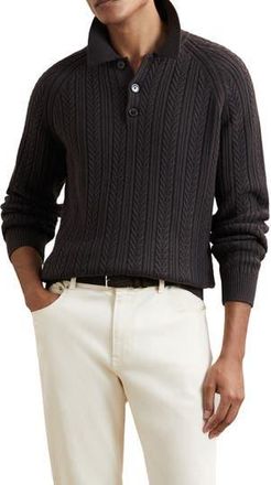 Reiss Evesham Cable Stitch Polo Sweater in Chocolate Brown at Nordstrom Rack, Size Xx-Large