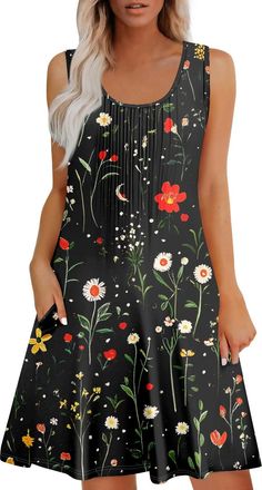 Generic Ladies Dresses UK Clearance, Womens Summer Dresses Casual Sleeveless Floral Print Tank Dress Loose Swing Short Sundress with Pockets Size 8 10 12 14 1