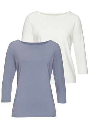 Lascana 3/4-Arm-Shirt LASCANA, Damen, Gr. 32/34, blau (hellblau, creme), Single Jersey, Obermaterial: 50% Baumwolle, 45% Modal (TENCEL), 5% Elasthan, unifarbe