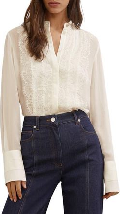 Reiss Miranda Lace & Crepe Button-Up Shirt in Cream at Nordstrom, Size 12 Us