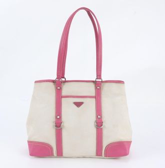 Prada Pink White Leather Canvas Shoulder Bag Tote Bag (Pre-Owned)