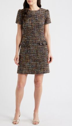 Eliza J Jewel Neck Tweed Shift Dress in Navy Multi at Nordstrom, Size 14