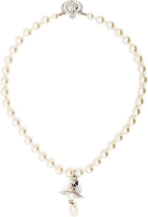 Vivienne Westwood Accessoires, Dames, Grijs, ONE Size, One Row Pearl Drop Choker