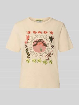 Scotch & Soda Regular Fit T-Shirt mit floralem Stitching in Ecru, Gr&ouml;&szlig;e XL