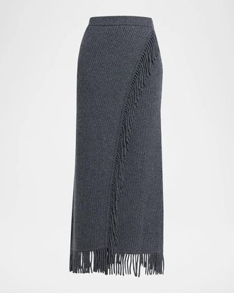 SIMKHAI Casey Ribbed Fringe-Trim Midi Skirt