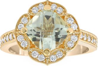 Pompeii3 4 1/2Ct Green Amerthyst Cushion & Diamond Ring in 10k Yellow Gold