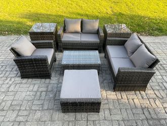 Fimous Rattan Garden Furniture Set 6 Seater Patio Outdoor Lounge Sofa Chair Set with 2 Side Tables Rectangular Coffee Table Big Footstool in Dark Grey