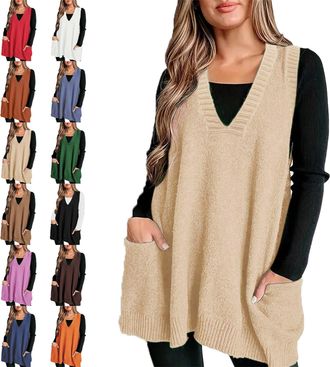 Generic Cozy Pocket Sweater Vest, Solid Color Oversized Sweater Vest, Womens Casual Sleeveless Ribbed V Neck Knit Vest (Apricot,3XL)
