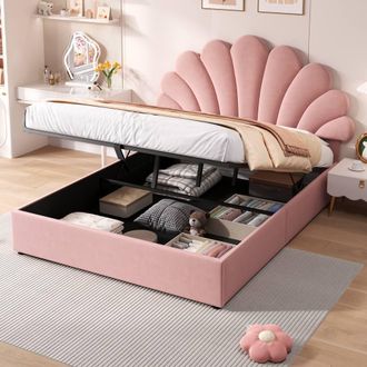Matteo Double Upholstered Hydraulic Bed Frame - Pink Velvet Petal Headboard
