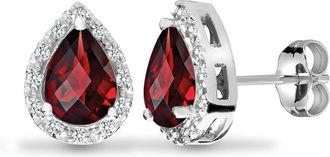 Jewelco London 9ct White Gold Diamond Red Garnet Happy Tears Halo Stud Earrings - 9E175