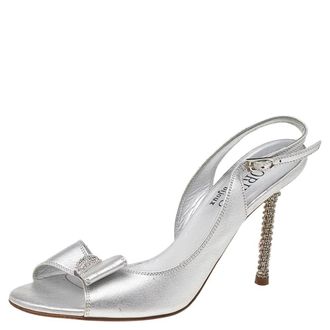 Loriblu Metallic Silver Leather Crystal Embellished Ankle Strap Sandals