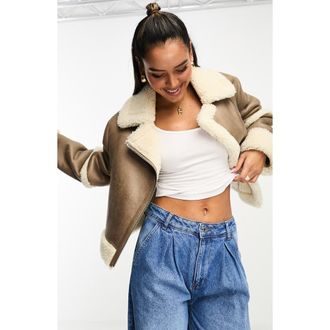 Asos Faux Leather & Faux Shearling Aviator Jacket in Brown at Nordstrom, Size 4 Us