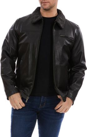 Perry Ellis Faux Shearling Collared Leather Jacket in Black at Nordstrom Rack, Size Xx-Large