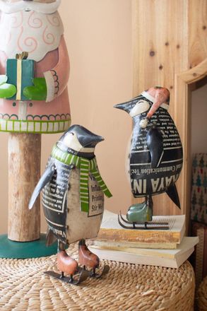 Kalalou Set Of Two Recycled Metal Skating Christmas Penquins