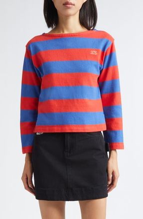 Bode Clubhouse Logo Embroidered Stripe Long Sleeve T-Shirt in Red Blue at Nordstrom, Size X-Large