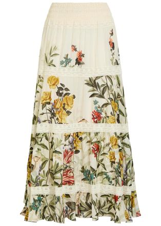 Alice & Olivia Stevie Floral-print Lace-trim Cotton Maxi Skirt - White - 10 (UK14 / L)