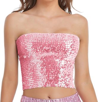 Generic Womens Sparkly Sequin Tube Top, Sleeveless 70s Disco Dance Evening Party Night Clubwear Stretchy Slim Fit Non-Padded Bandeau Bra Classic Strapless Rav
