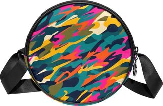 Generic Circle Crossbody Bag for Women, Colorful Camouflage Small Sling Bag Daypack with Zipper Adjustable Shoulder Straps Casual Ladies Girls Round Purse