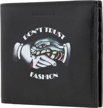 Roberto Cavalli Mens Black Leather Screen Print Bifold Wallet