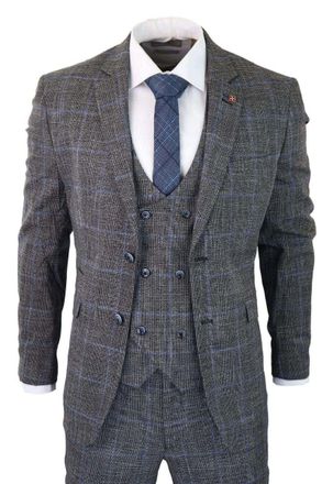Infinity Leather Mens 3 Piece Grey With Blue Check Tweed Vintage Classic Suit - Size 50 (Chest)