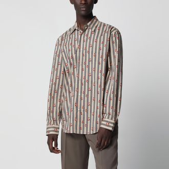 Dries Van Noten Camicia beige a righe con stampa floreale in cotone