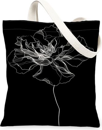 Generic Floral Black Canvas Tote Bags, Elegant Flower Line Art Pattern Reusable Grocery Bags, Stylish Lightweight Washable Shoulder, Black, 13x15 Inch