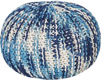 Beliani Puf De Algod&oacute;n Blanco Crema Azul 50 X 35 Cm Otomana Reposapi&eacute;s Bolas Eps Conrad