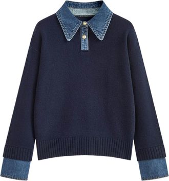 Generic Womens Oversized Jumpers Denim Panel Lapel Polo Knit Long Sleeve Collar Pullover Soft Warm Casual Denim Blend Sweater Fall Winter Tops