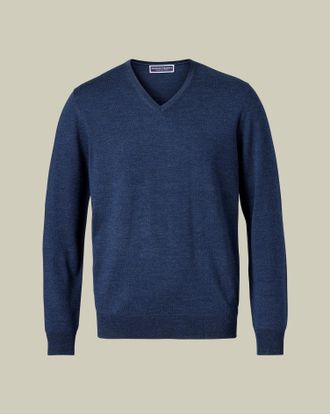 CHARLES TYRWHITT Merino V-Neck Wool Jumper - Ink Blue Size Large by Charles Tyrwhitt