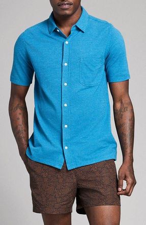 Billy Reid Textured Treme Knit Short Sleeve Button-Up Shirt in Blue Sapphire Heather at Nordstrom, Size Xx-Large