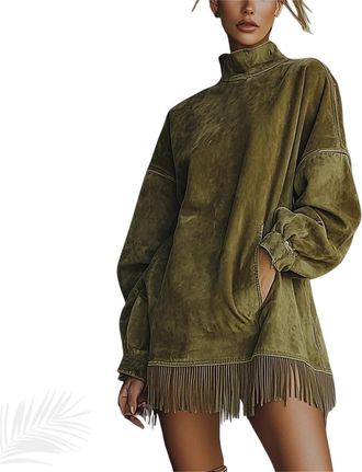 Generic Womens Cozy Suede Turtleneck Dress with Fringe Hem Long Sleeve Vintage Fringe Hem Loose Fit Short Dresses with Pockets (Green,XXL)
