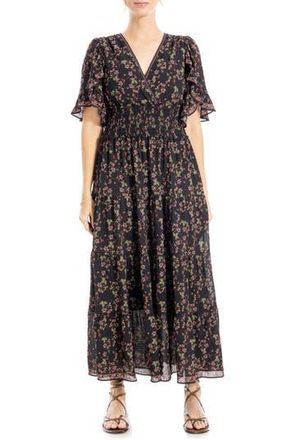 Max Studio Ruffle Sleeve Tiered Maxi Dress in Black/Green Floral at Nordstrom Rack, Size X-Small