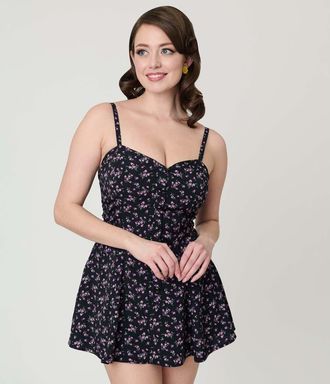 Unique Vintage 1940s Sweetheart Skirted Romper in Black Ditzy Floral at Nordstrom, Size Large