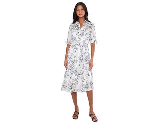 Calvin Klein Short Sleeve Floral Chiffon Shirt Dress Womens Dress Cream/Indigo : 10, Polyester