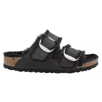 Birkenstock Arizona Big Buckle Shearling Oiled Leather Unisex Hook and Loop Sandals - Black - Size:UK 5.5
