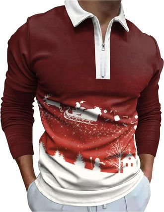 Generic Mens Christmas Fashionable Casual Comfortable 3D Digital Printed Festive Lapel Half-Zip Polo Shirt for Men Adult Long-Sleeved Top Shirt Funky Santa Sh