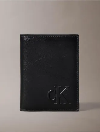 Calvin Klein Mens Embossed Monogram Bifold Wallet with Coin Pouch - Black
