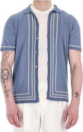 Drumohr Verticaal Gestreept Katoenen Poloshirt - Heren - Korte mouwen Overhemden - Blauw - L - Katoen - Overhemden