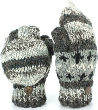 Loud Elephant Chunky Wool Knit Abstract Pattern Fingerless Shooter Gloves - Grey