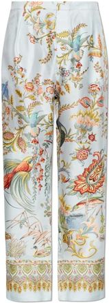 Etro Zijden Broek met Geplaatste Flora- en Fauna Print - Heren - Wijde Broeken - Veelkleurig - M - Polyester - Broeken