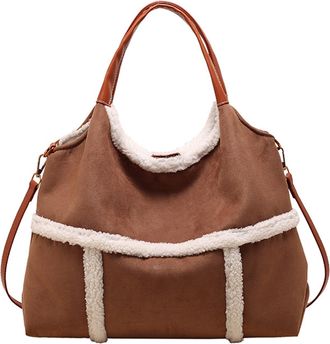 Generic Women Suede Tote with Faux Lamb Wool Lined, Vintage Plush Lamb Wool Lined Tote (Brown)