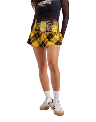 Ed Hardy True Eagle Plaid Flare Mini Skirt In Yellow