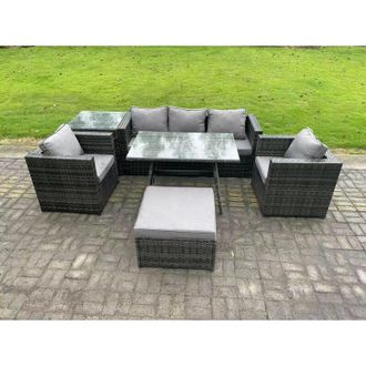 Fimous Fimous 6 Seater Wicker Rattan Outdoor Furniture Garden Dining Set with Sofa Oblong Dining Table 2 Armchairs Stool Dark Grey Mixed