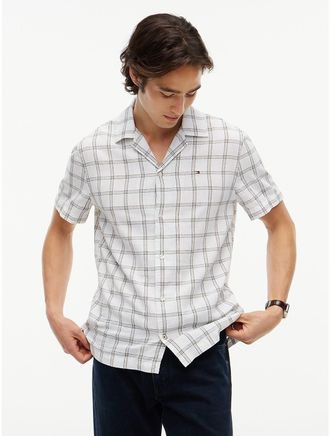 Tommy Hilfiger Mens Regular Fit Check Linen-Blend Camp Shirt - Optic White - XXL