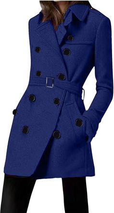 Generic 2024 Womens Elegant Winter Overcoat Solid Colour Trench Coats For Women Uk Lapel Double Breasted Buttons Long-sleeved Wool Coat Long Cold And Windproo