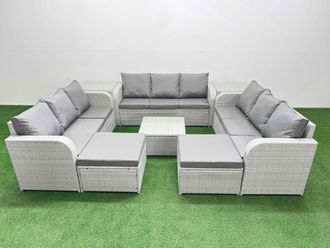Fimous PE Rattan Lounge Sofa Set 11 Seater Outdoor Garden Furniture Set w/ Square Coffee Table 3 Seater Sofa 2 Big Footstools 2 Side Table Light Grey