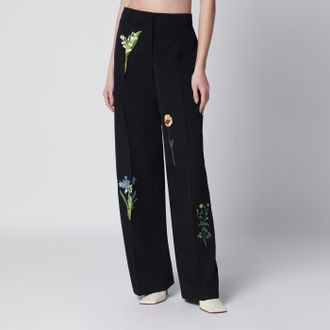 Stella McCartney Pantalone nero in lana con ricami floreali