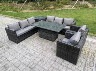 Fimous 8 Seater Outdoor Rattan Adjustable Rising Lifting Table Chairs in Dark Grey