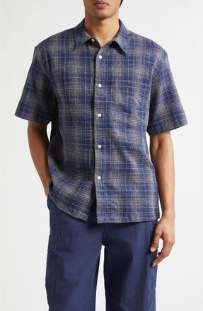 Palmes Check Cotton & Linen Short Sleeve Button-Up Shirt in Blue at Nordstrom, Size 38 Us