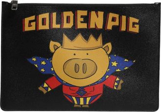 Dolce & Gabbana Clutches, unisex, Black, Size: ONE SIZE Golden Pig Print Logo Pouch Bag